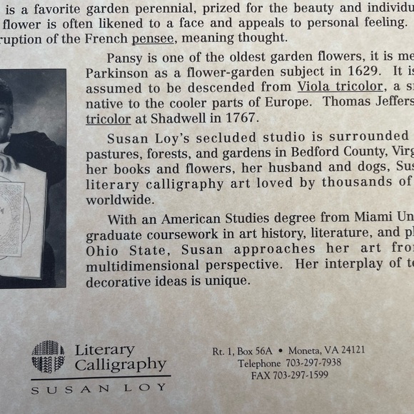 Susan Loy Art, 10x10, framed and matted Pansy/Thoughts, Literary Calligraphy Art - Picture 11 of 11